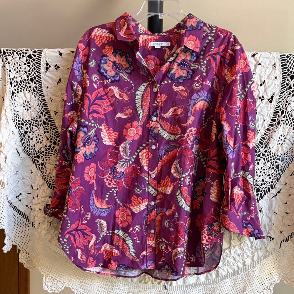 Chico’s Floral Purple Women's Top NWOT Size 3.5 US 18